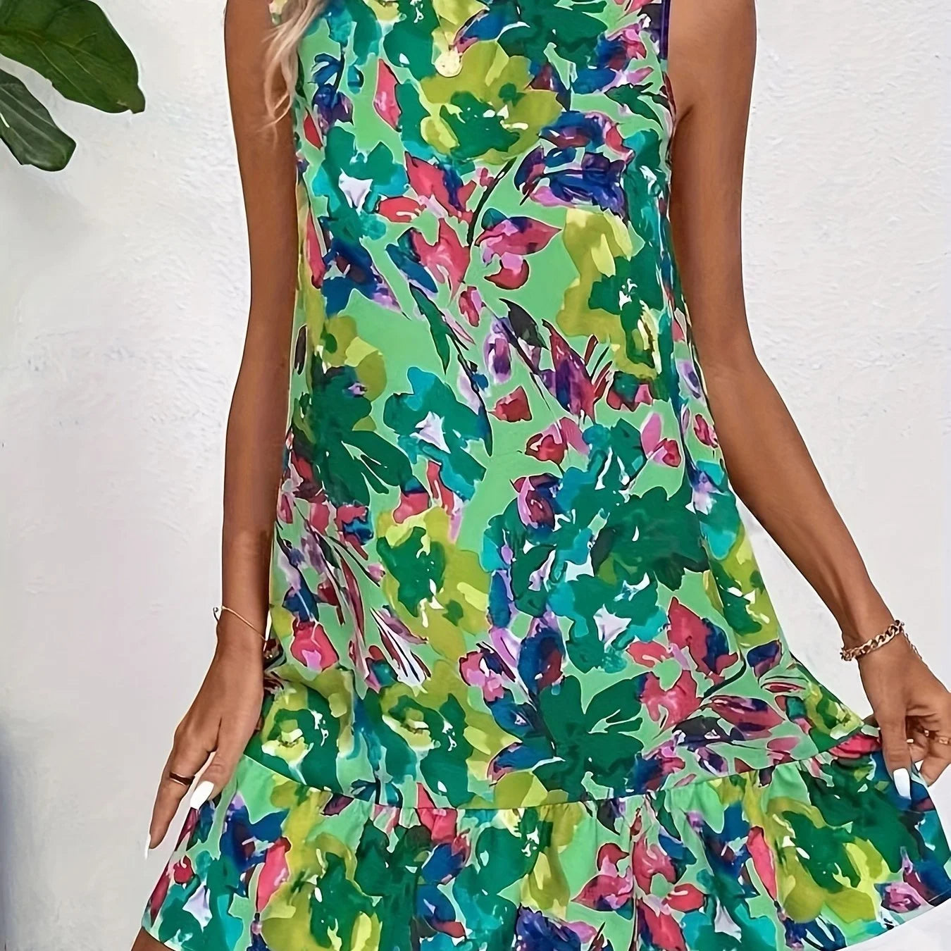 Summer Colorful Gradient Printed Vest Sleeveless Pocket Dress Summer Casual Fashion Sleeveless Round Neck Midi Dress for Women