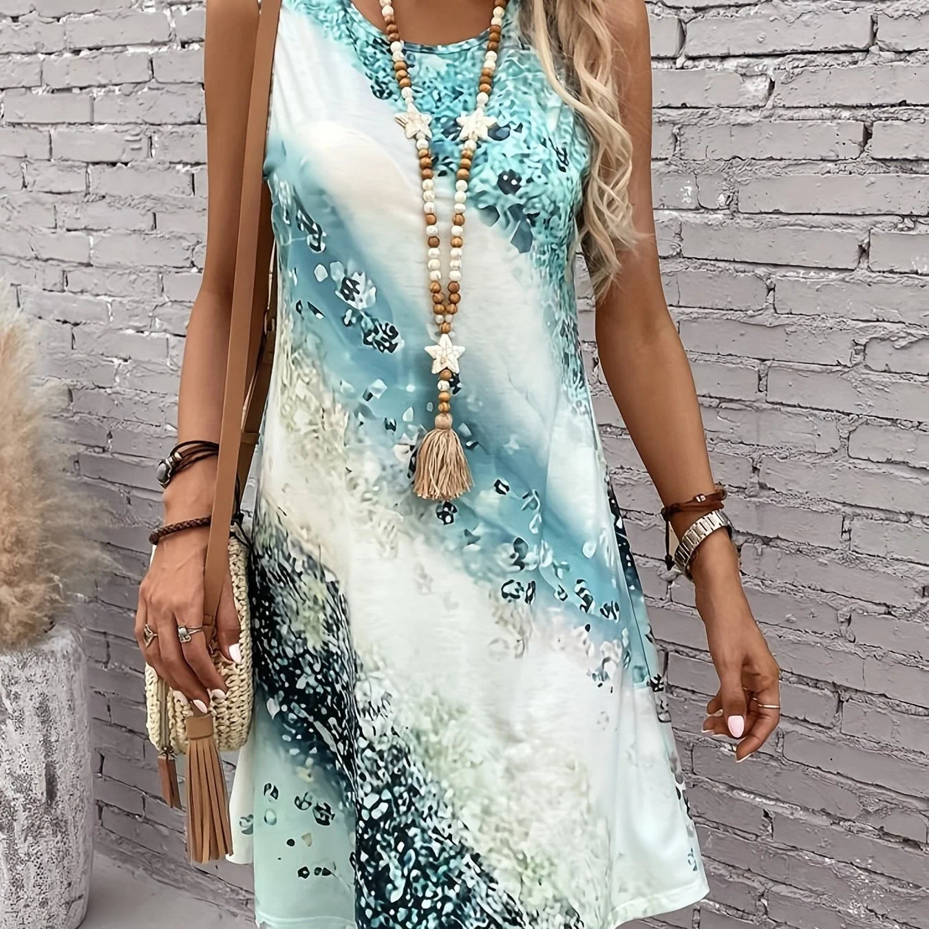 Summer Colorful Gradient Printed Vest Sleeveless Pocket Dress Summer Casual Fashion Sleeveless Round Neck Midi Dress for Women