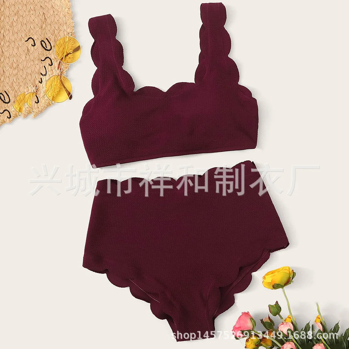Women Scalloped Textured High Waisted Bikini Set Solid Two Pieces Beach Bathing Suits Swimwear Lace up Biquinis Bathing Suits