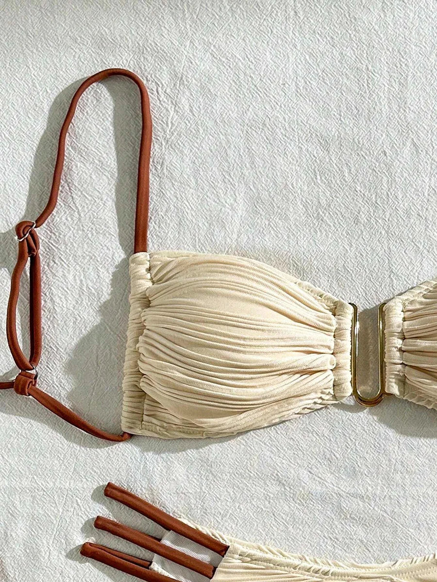 XS - L Wrinkled U Rings Bandeau Bikini Women Swimwear Female Swimsuit Two-pieces Bikini Set Bather Bathing Suit Swim Beachwear