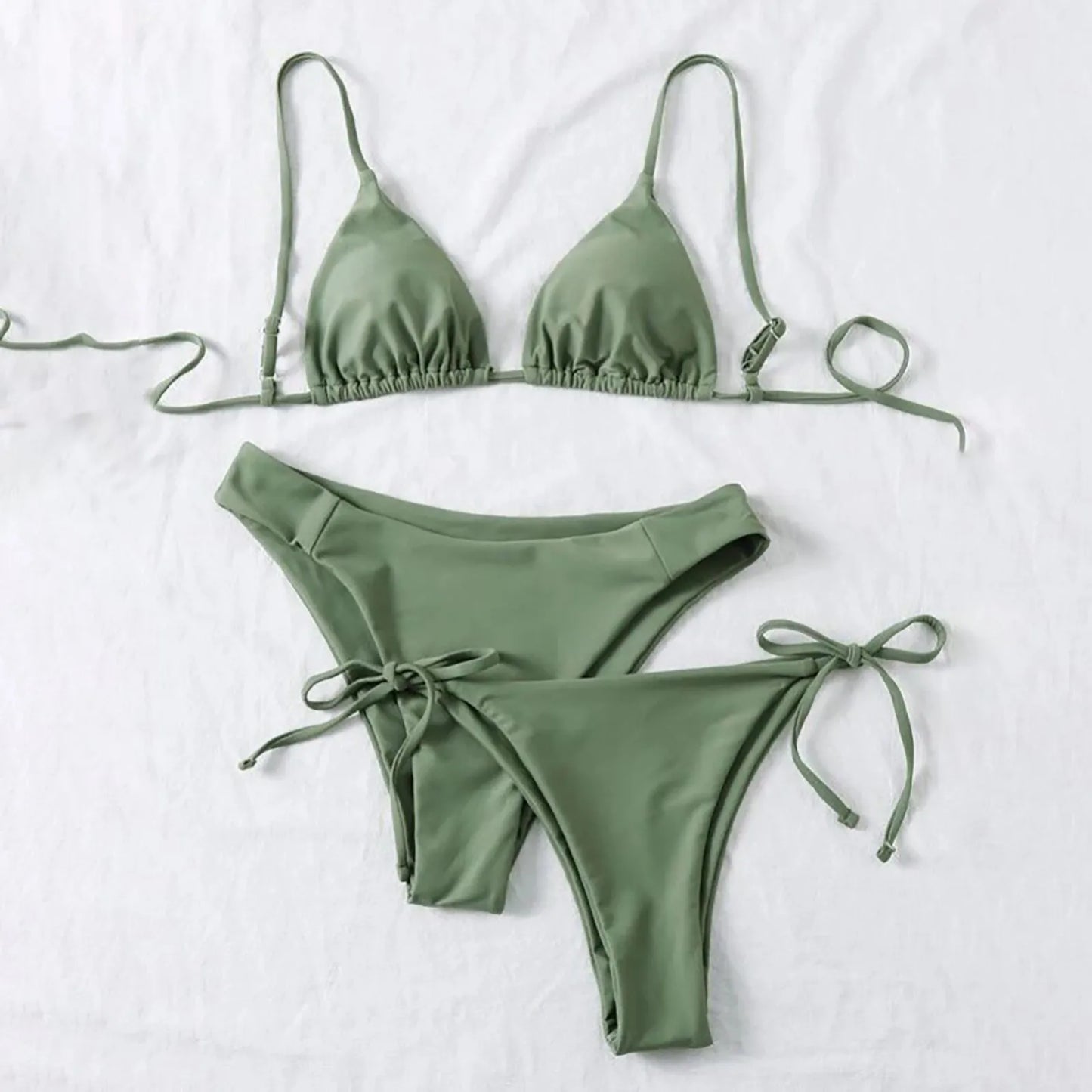 Women's Summer Fashion Sexy Basic Solid Color Backless Lace-up High Waist Adjust Buckle Sling Bikini Three-pieces Swimsuit