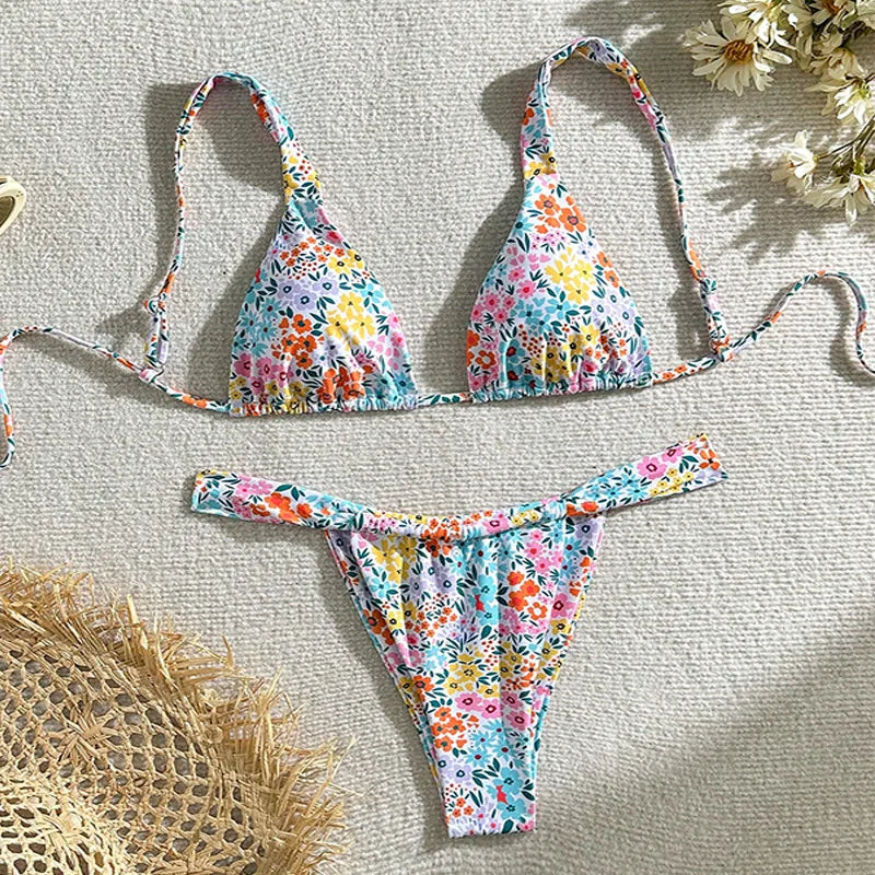 Sexy Pink Floral Print Bikini Set 2025 Women Halter Push Up Bra Pleate Thong Swimsuit Summer Bathing Suit Triangle Swimwear