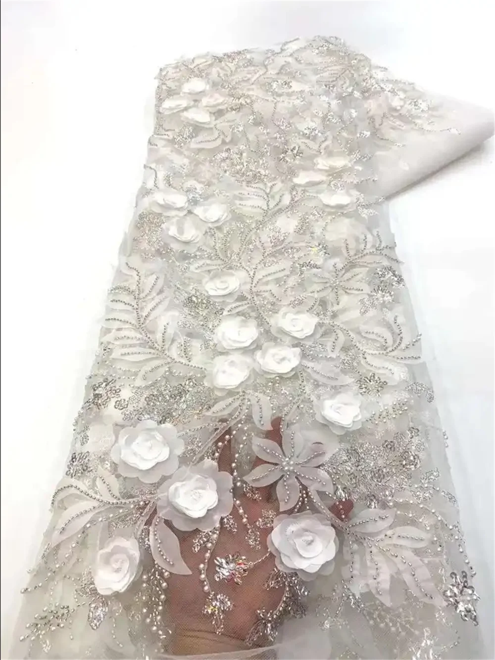 French African 3D Lace Fabric 2025 With Beaded High Quality Embroidery For Women Wedding Dress Nigerian Lace Mesh Fabric 5 Yards