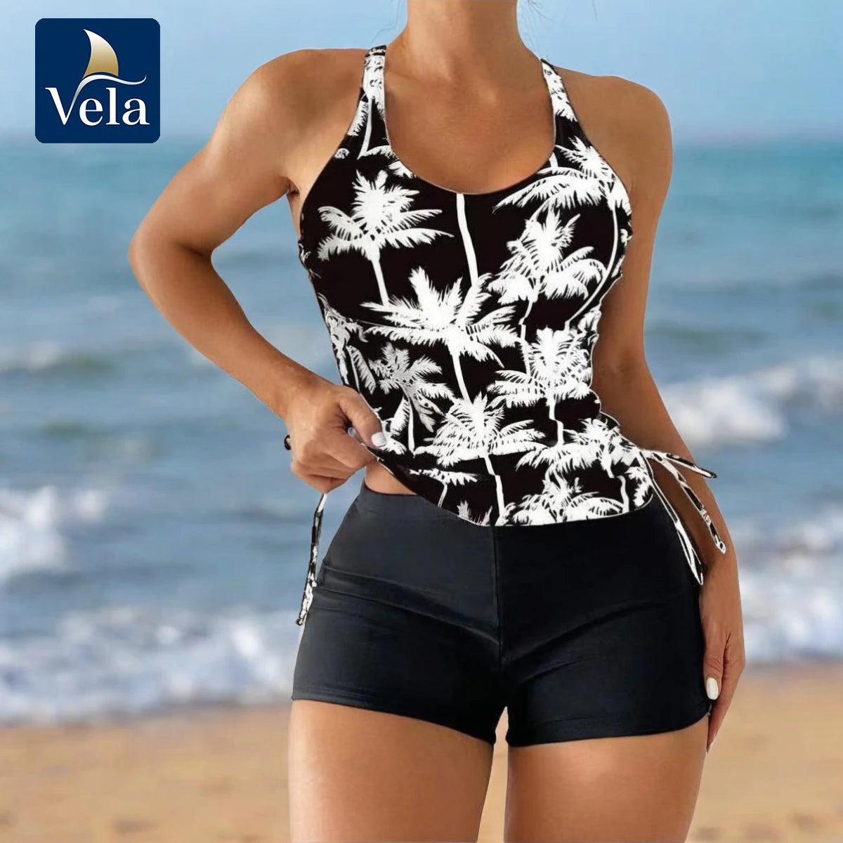 Vela Two-Piece Tight Bikini Set, Coconut Print Push Up Bra & High Elastic High Waist Bottoms - Stretchy Swimwear 2025