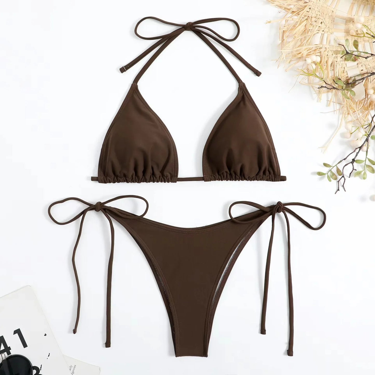Sensual Pure Color Bikini Set Women's Two-Piece Swimsuit with Waist Belts Backless Slimming Cross-Border Swimwear
