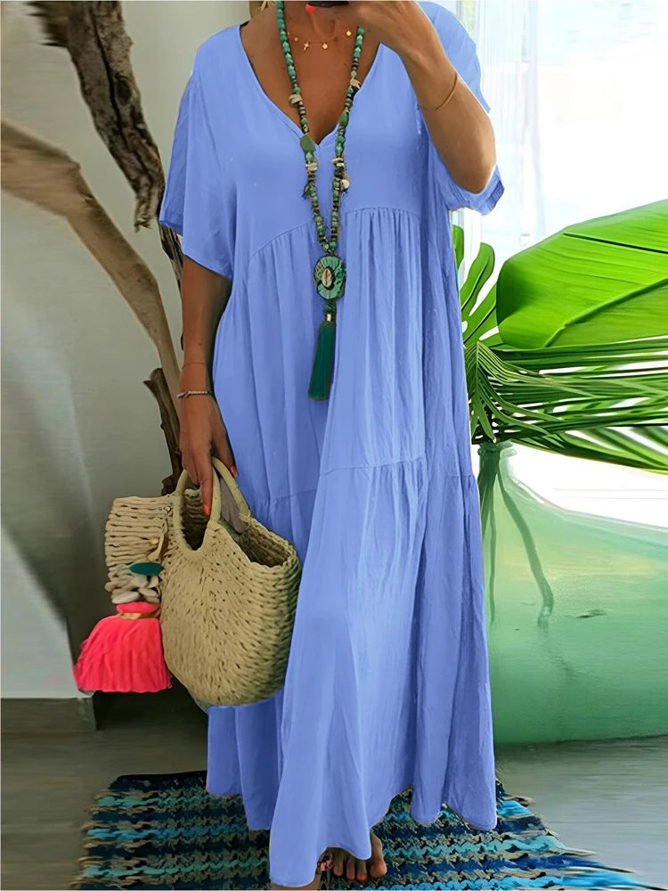 Plus Size Dress Women 2025 Summer V-Neck Short Sleeve Pleated Solid Color Casual Midi Dress Hem Loose Dress XL-5XL