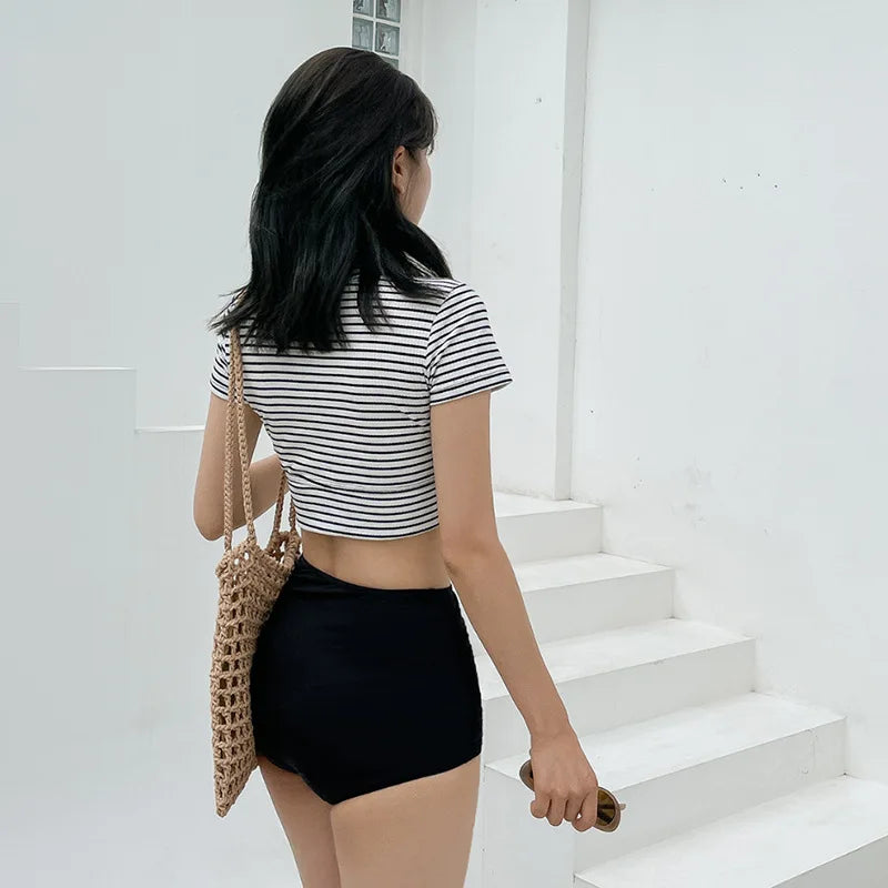 High Waist Stripe Sports Swimsuit Women's Bikini Top with Strap Conservative Belly Covering Slimming ort Sve Swimwear