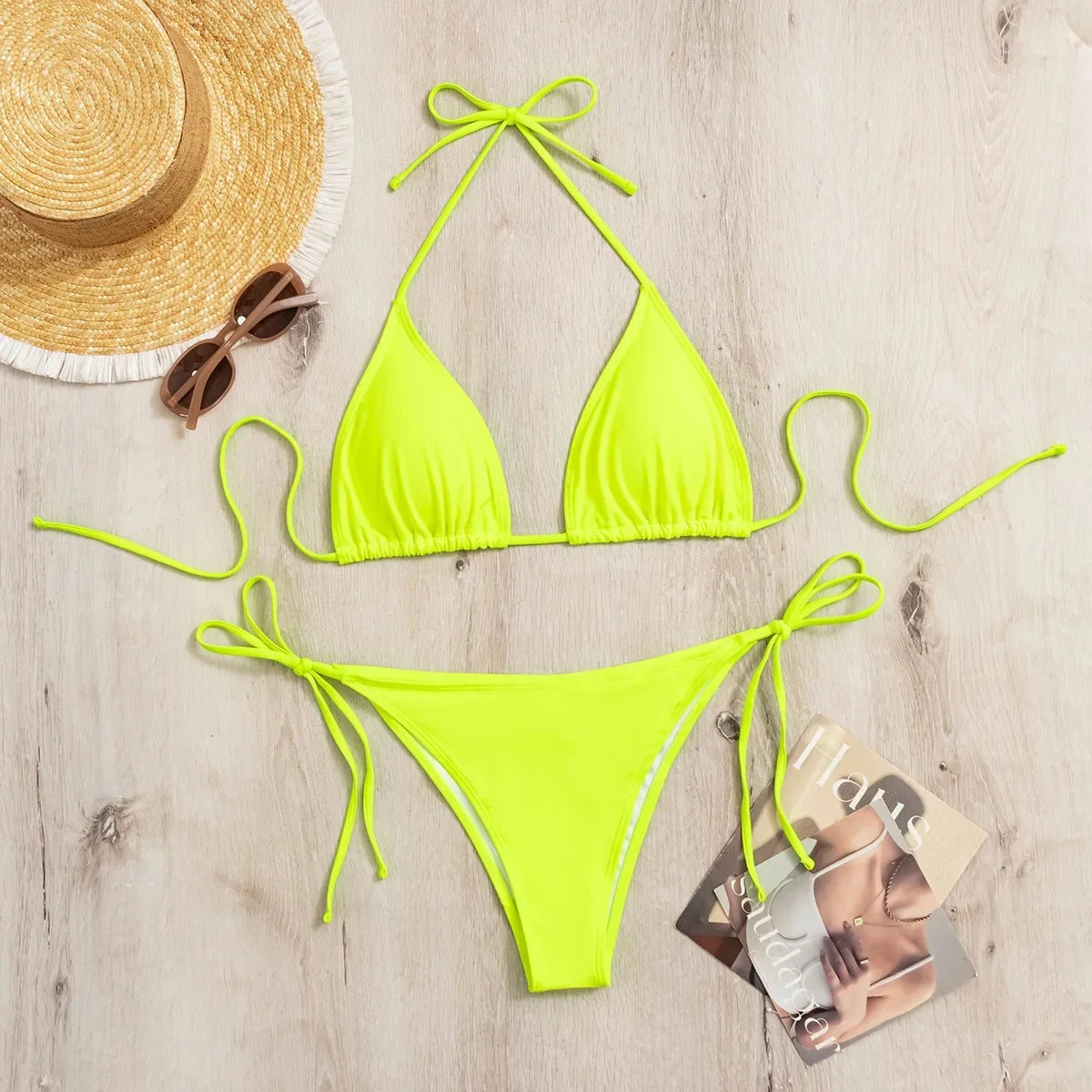 Sensual Pure Color Bikini Set Women's Two-Piece Swimsuit with Waist Belts Backless Slimming Cross-Border Swimwear