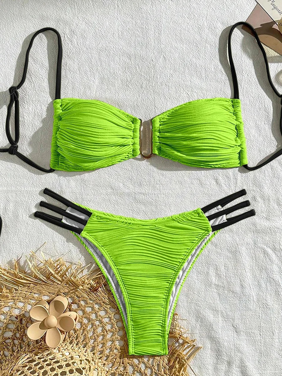 XS - L Wrinkled U Rings Bandeau Bikini Women Swimwear Female Swimsuit Two-pieces Bikini Set Bather Bathing Suit Swim Beachwear