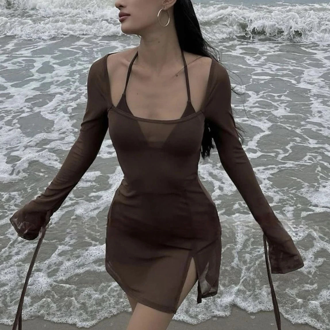 2024 New Sexy Hot Girl Long Sve Bikini Tee Piece Set Ele Square Collar Slit Net Wrap around Swimsuit Sport Fitn