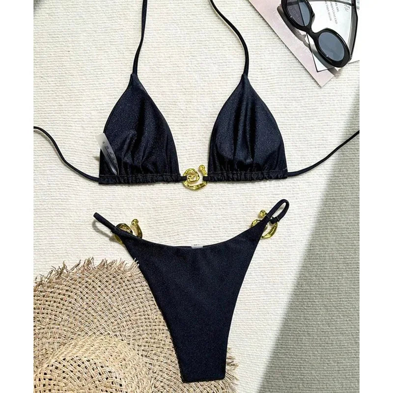 Metal Micro Bikini Swimwear Women Sexy Lace Up Triangle Halter High Cut Thong Bikini Set 2025 New Beach Bathing Suit 2 Piece Set