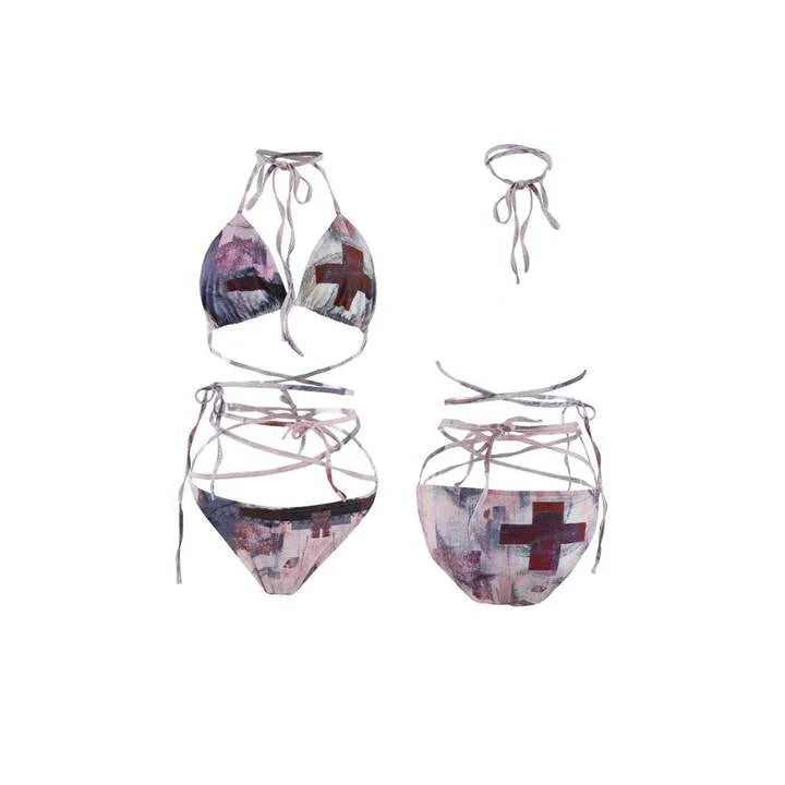Japanese Subculture Y2K Harajuku Pattern Printed Women's Bikini Set Summer American Retro Sexy Strap Millennium Style Bikini emo