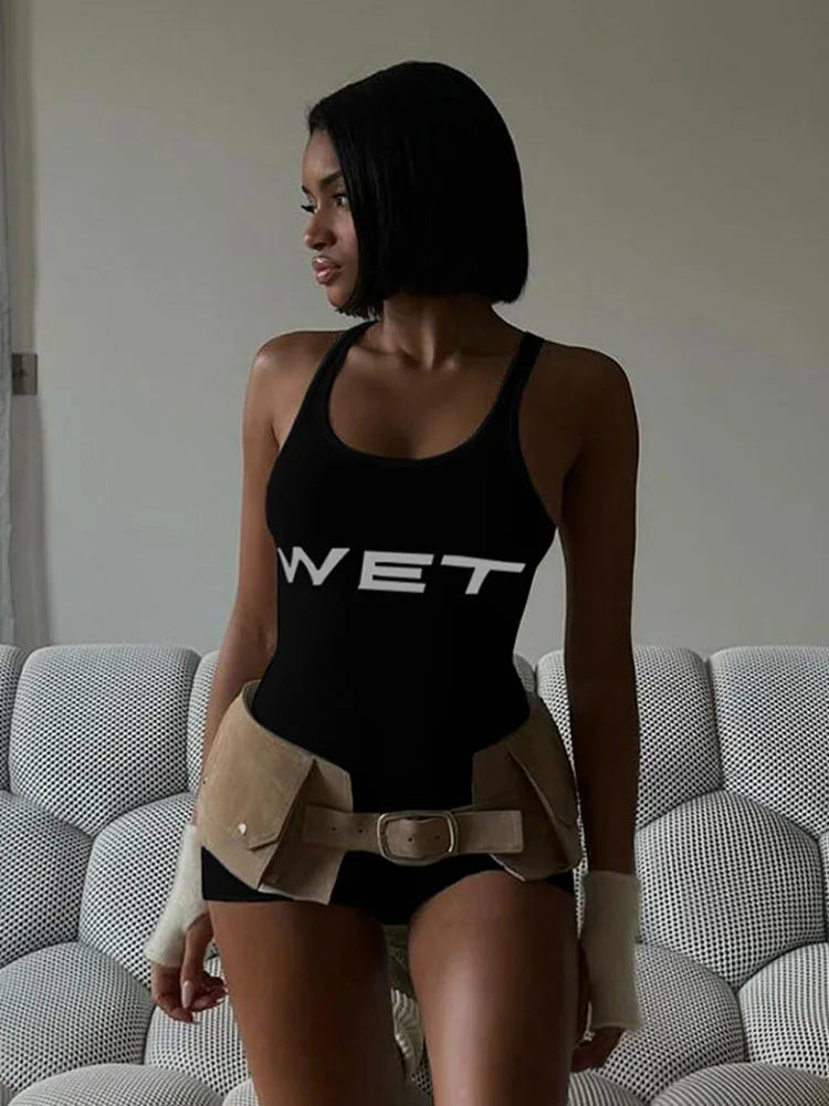 New 2025 Summer Women Sexy Sport Romper Subtranslucent Slim Playsuits Letter Printed White Women'S Raceback Sleeveless