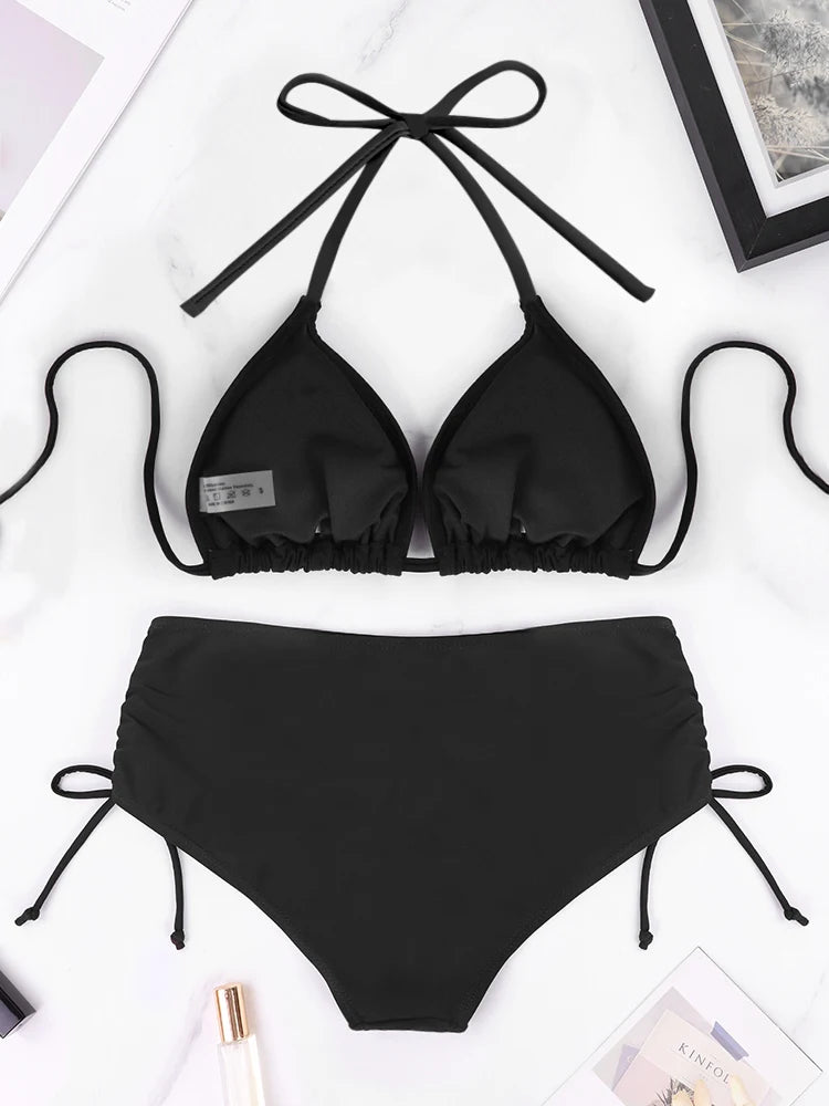 2 Pcs/Set Women's Bikini Split Set Summer Leisure Vacation Style Hanging Neck Bareback Strap Bikini Set Beach Women's Swimsuit