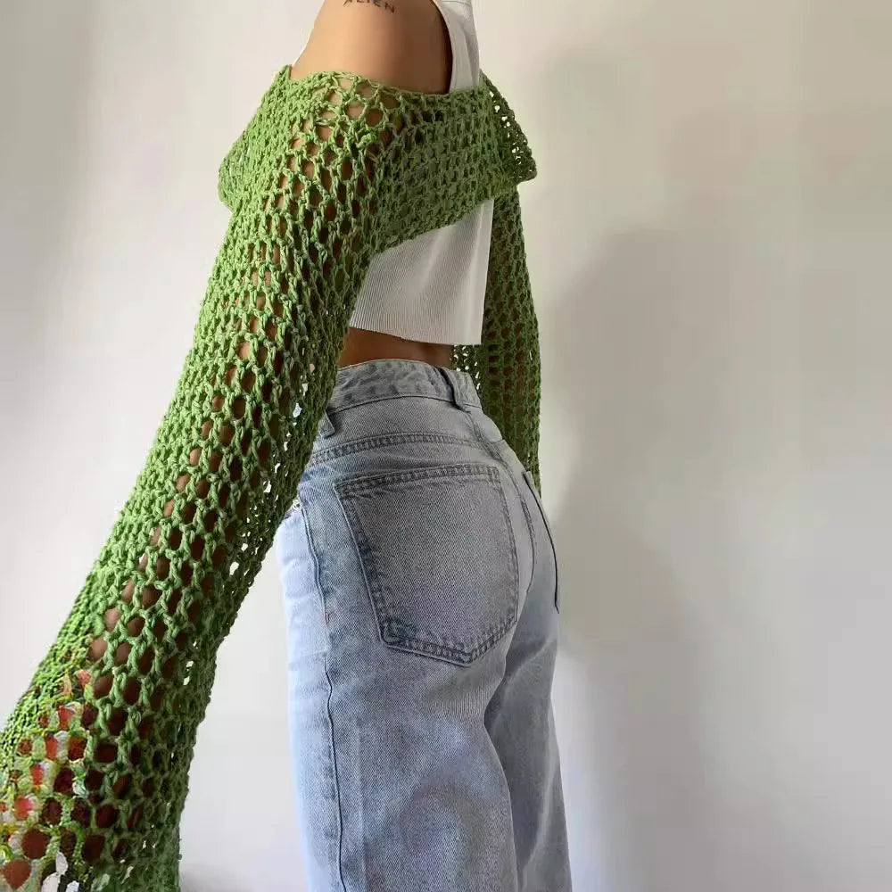 Long Sleeve Crochet Crop Top Summer Knit Hollow Out Mesh Cover Ups 2024 Women‘s Y2k Crochet Tops Pullover Streetwear