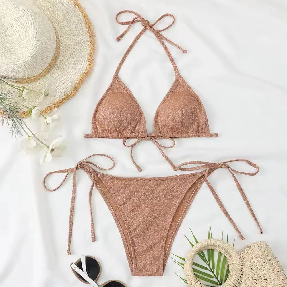 Shiny bikini set triangle bikini bandage swimsuit ladies two-piece swimsuit summer bikini new beachwear