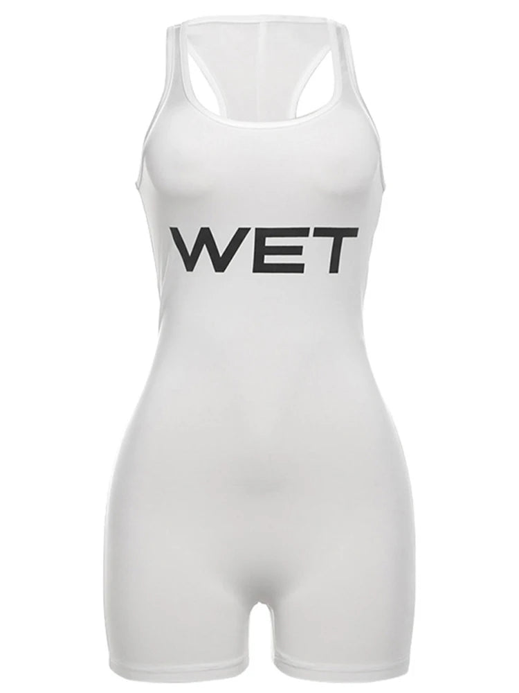 New 2025 Summer Women Sexy Sport Romper Subtranslucent Slim Playsuits Letter Printed White Women'S Raceback Sleeveless