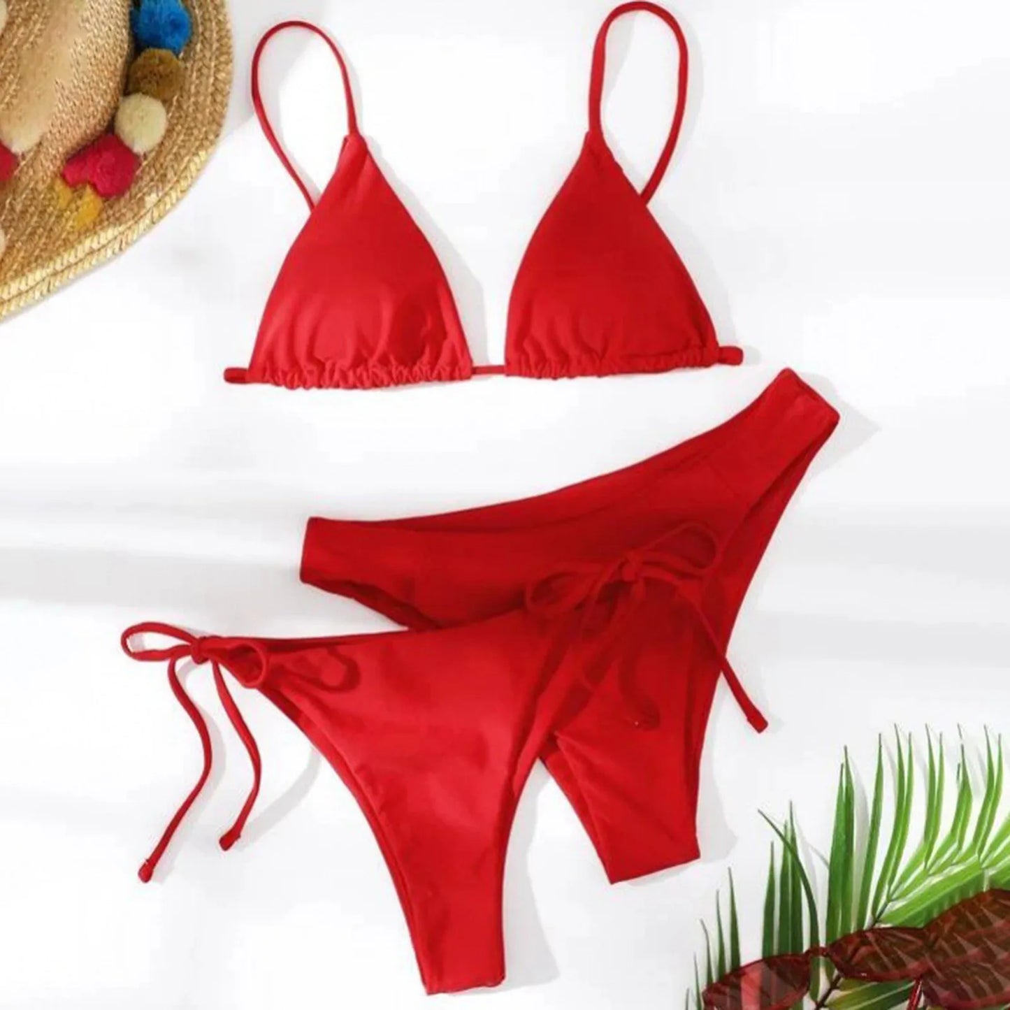 Women's Summer Fashion Sexy Basic Solid Color Backless Lace-up High Waist Adjust Buckle Sling Bikini Three-pieces Swimsuit