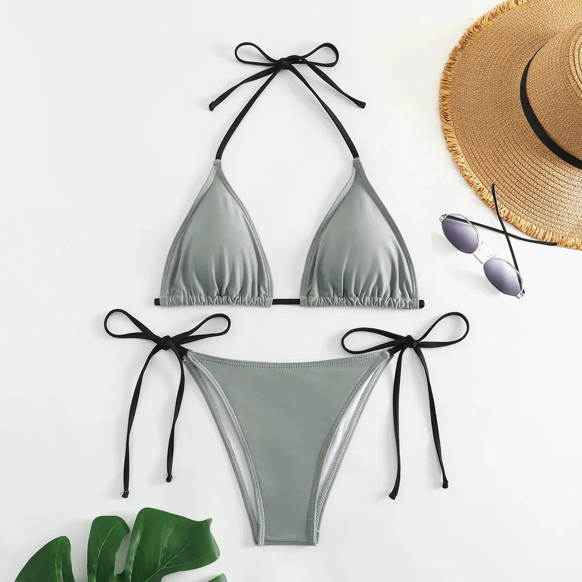 Sensual Pure Color Bikini Set Women's Two-Piece Swimsuit with Waist Belts Backless Slimming Cross-Border Swimwear
