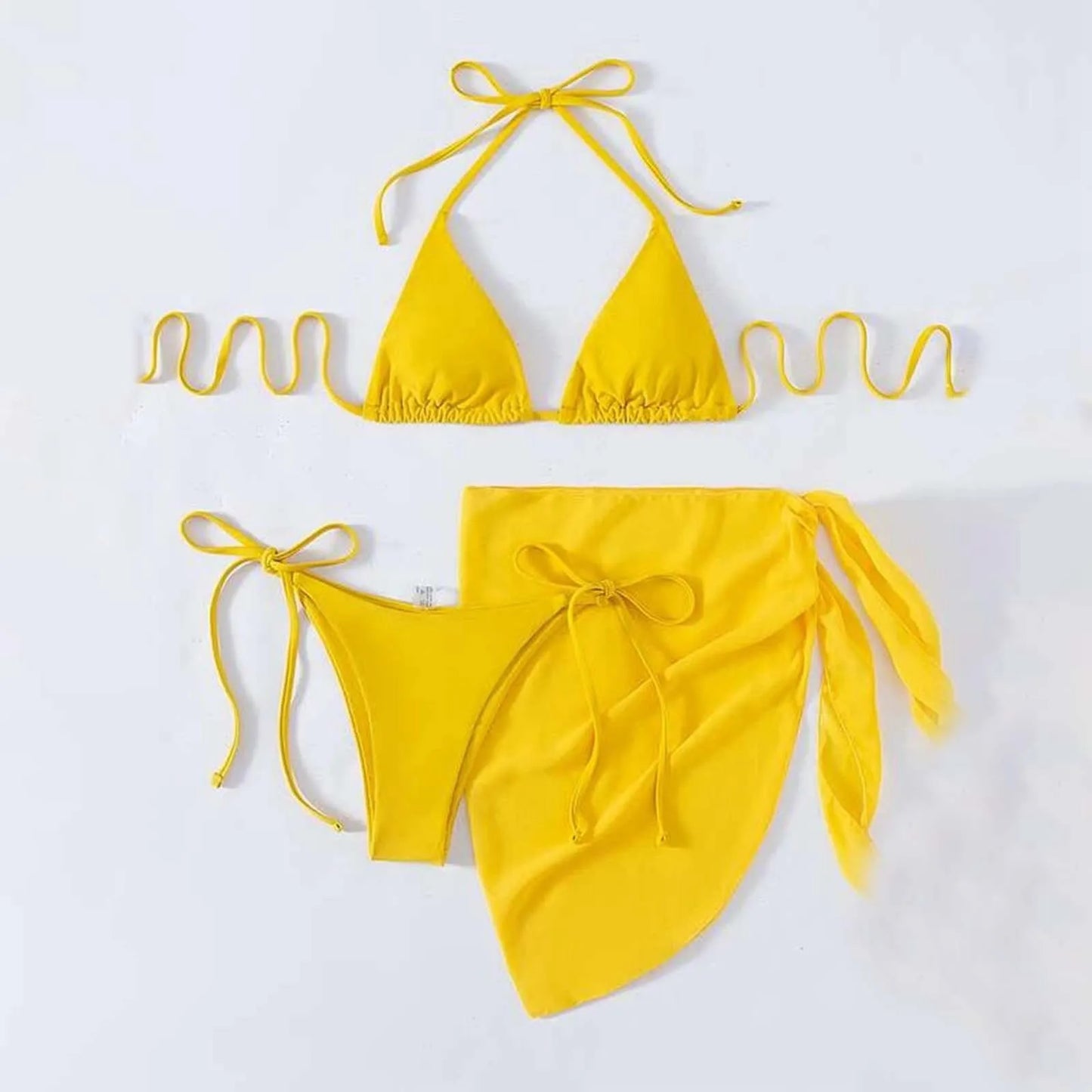 Women'S Solid Halter Backless Bikinis Set Sexy Triangle Cup Lace Up Bikini Top With Bottoms Swimsuit Cover Up 3 Piece Swimsuit