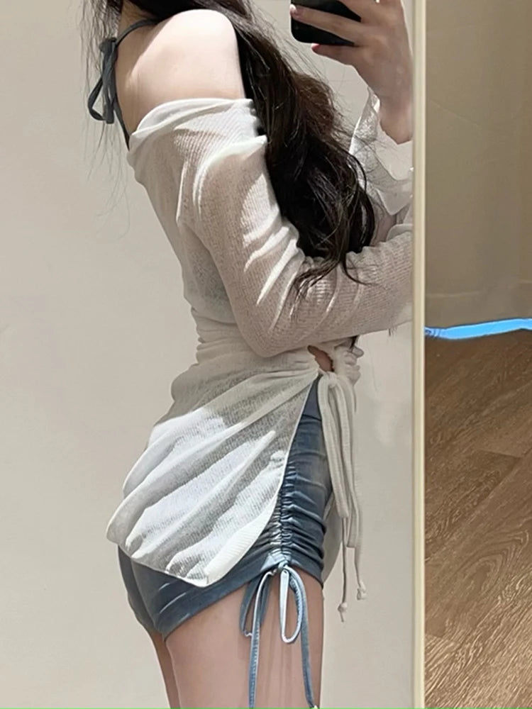 OIINAA Swimsuit Women Neck-mounted Print Hot Spring Swimwear High Waist Drawstring Bikini Set Cover-Ups Wrap Skirt Summer 2025