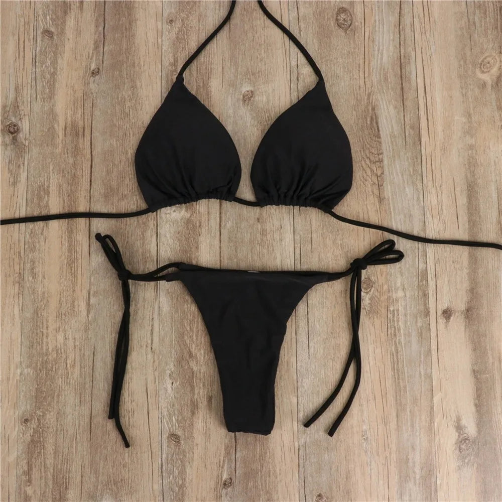 Swimming Suit Sexy Women 2-pcs Swimwear Lace Up Bra Thong Beach Set Solid Bathing Summer Casual Vacation Ladies Outfits 2024
