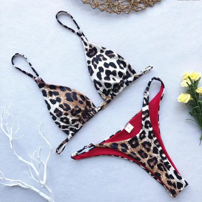2024 Micro Leopard Bikini Women High Cut Bandage Push Up Swimsuit Sexy Bathing Suit Padded Thong Swimwear,summer Beach Vacation
