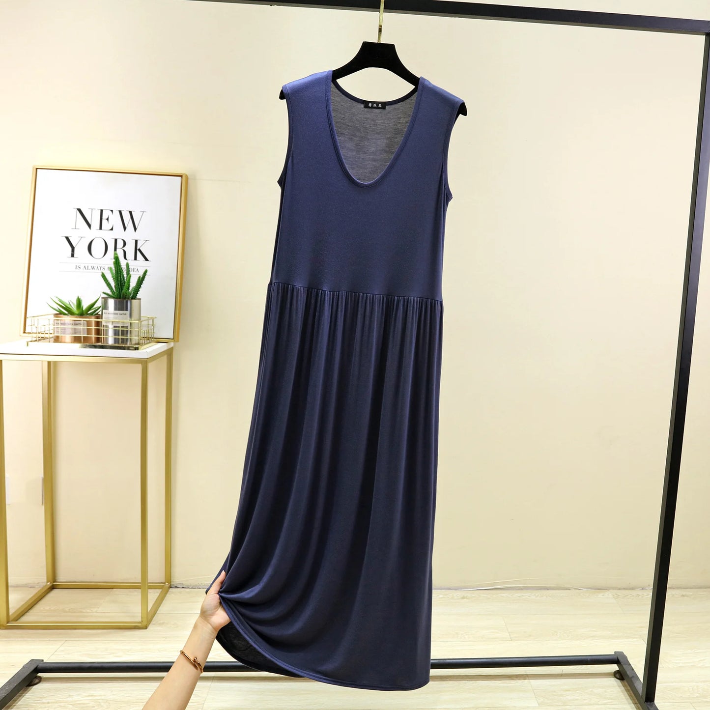 Plus size L to 6XL Women's dress Modal Sleeveless tank dress Pleated sleepdress Mid-Length waist-slimming dresses Loose homewear