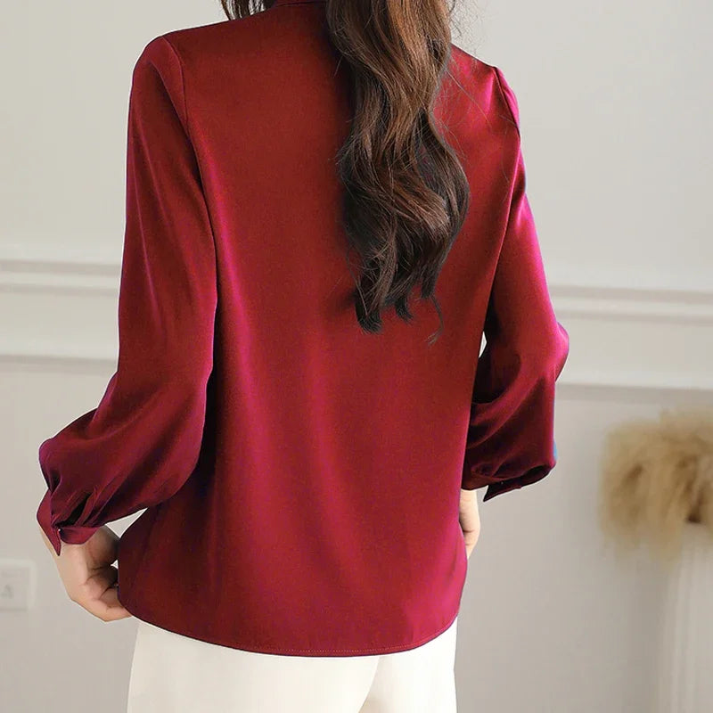 Women Elegant Solid Chiffon Shirts For Women Long Sleeve All-match Bow Blouses Vintage Basic Tops Femme Fashion New