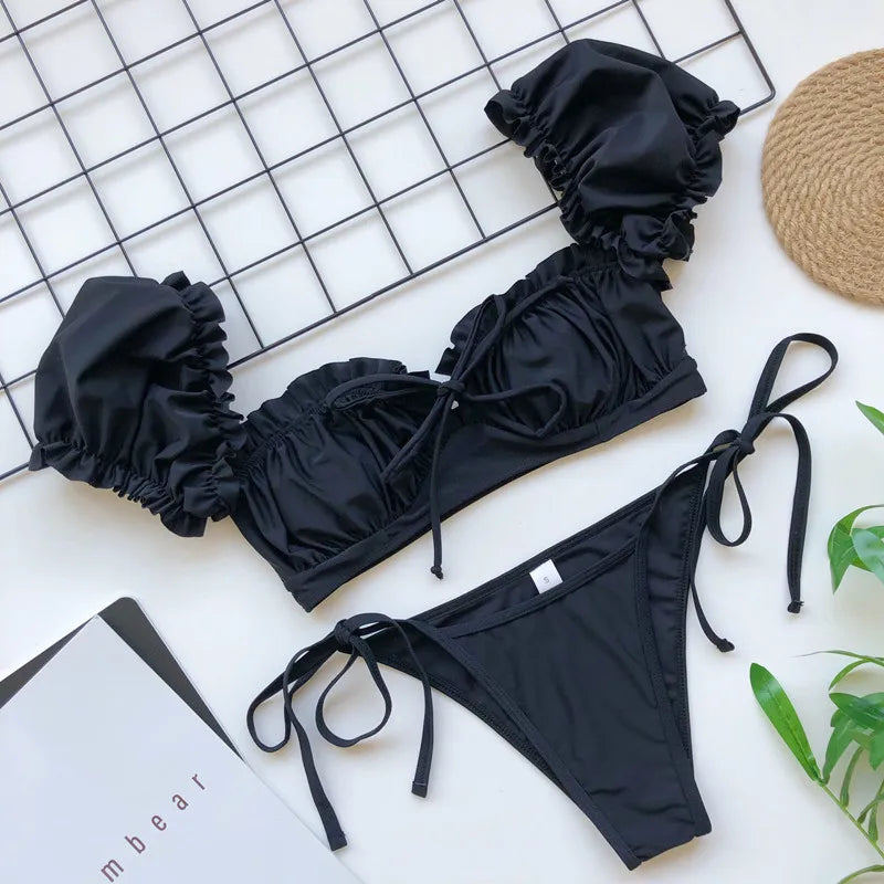 Sexy Ruffle Bikinis 2024 Women Short Sleeve Solid Swimwear Push Up Swimsuit High Cut String Bathing Suit Bandage Thong Beachwear