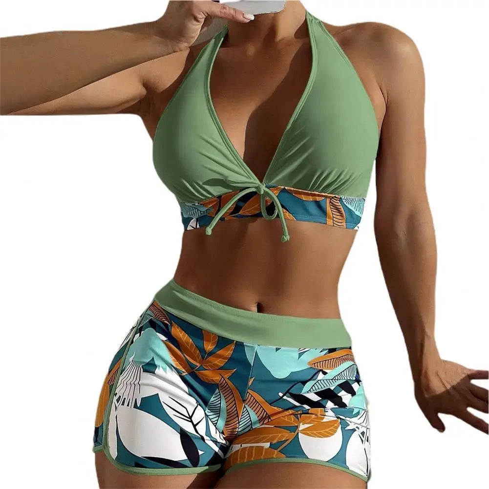 2 Pcs/Set Women Bra Shorts Set Backless Leaf Print Deep V Neck Drawstring Bathing Suit High Waist Padded Lady Swimwear