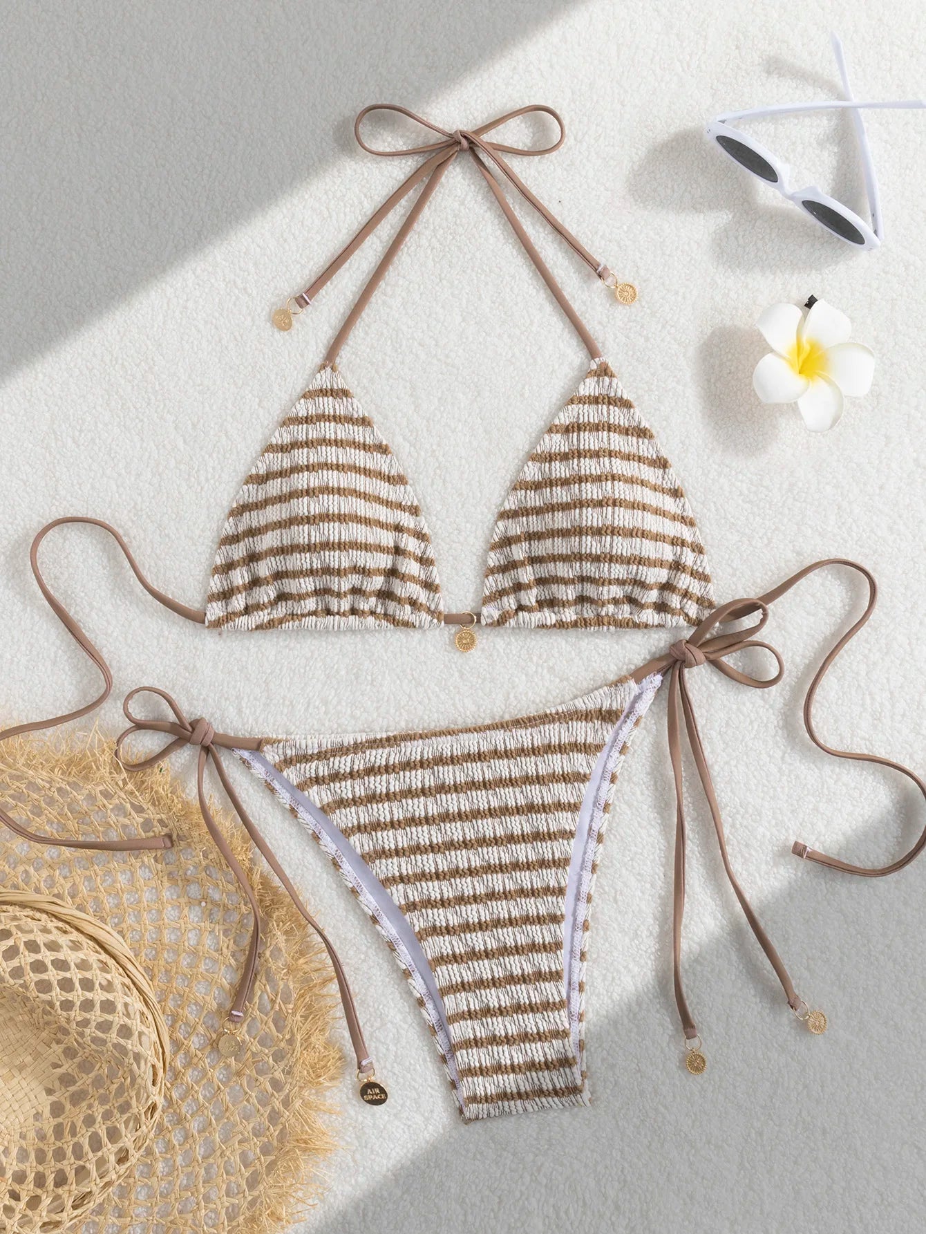 Ladies' striped and water ripple split swimsuit sexy bikini SexHy bikini swimsuit color blocking fashion high-end hot spring par