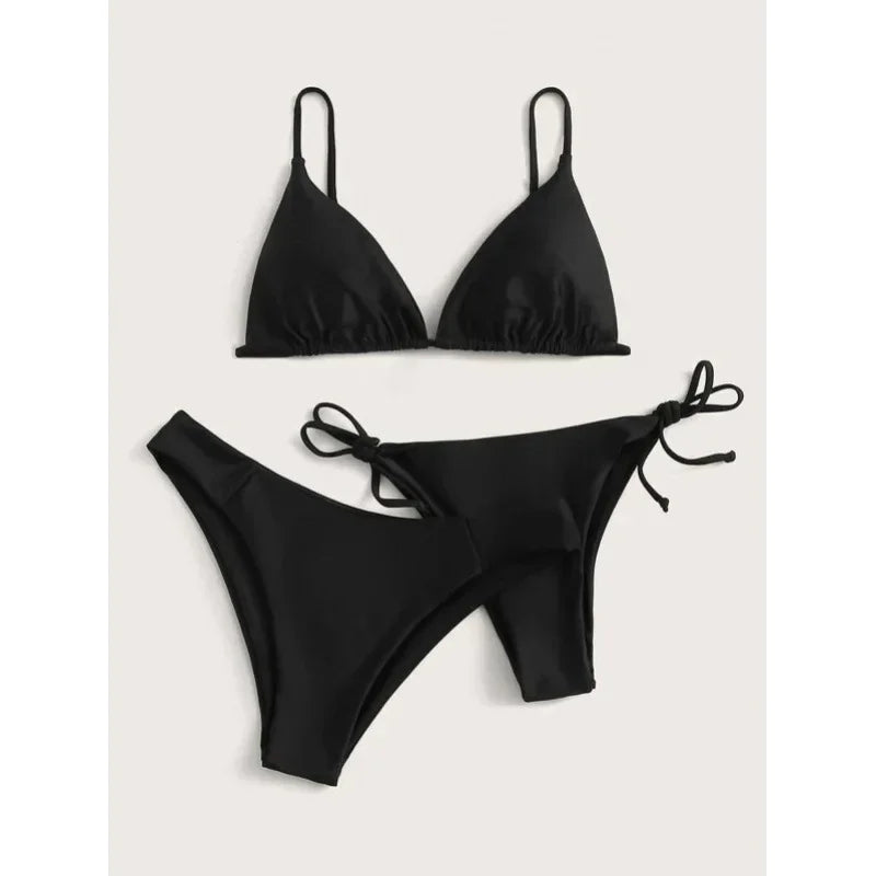 OIINAA Swimwear Women Sexy Solid Swimsuit Drawstring Bow Tie Bikini Set Three-pieces Beachwear Summer Thong Bather Bathing Suit