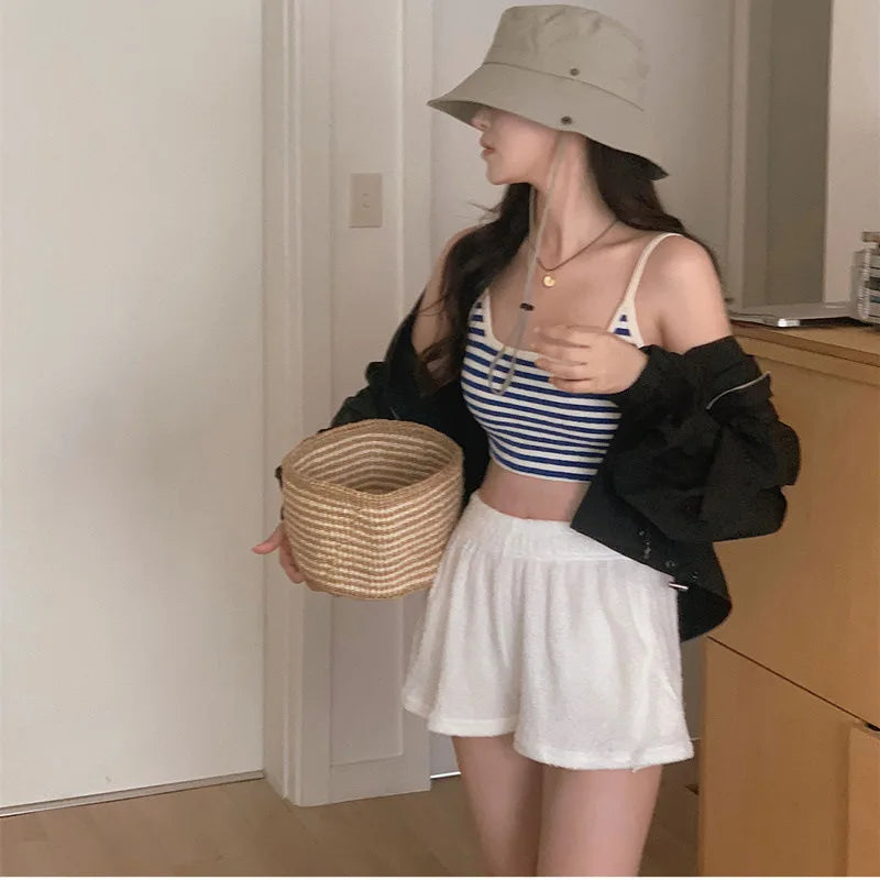 New Korean Sle Tee Piece Bikini Swimsuit Candy Colored Striped Student Thermal Vaion Separate Swimwear for Women
