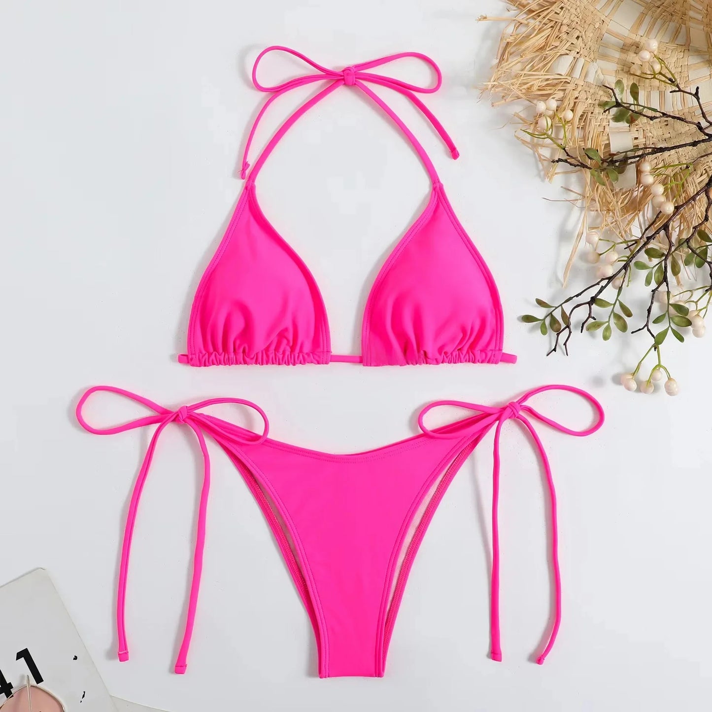 Sensual Pure Color Bikini Set Women's Two-Piece Swimsuit with Waist Belts Backless Slimming Cross-Border Swimwear