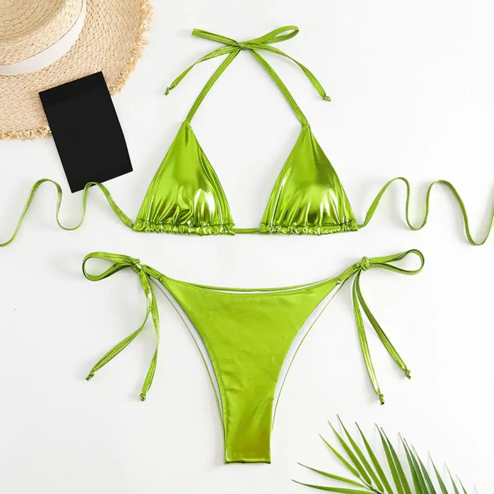 Solid Color Halter Neck Strap Thong Women Swimsuit Two Pieces Bikini Set Bronzing Surface Lace-up Briefs Beach Swimwear Swimsuit
