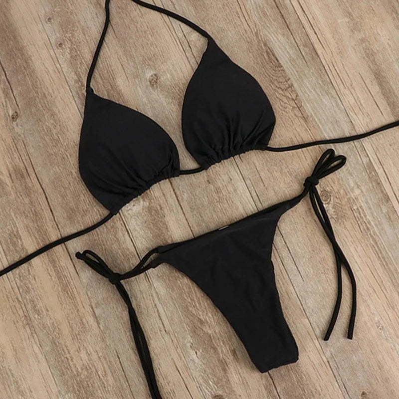 Swimming Suit Sexy Women 2-pcs Swimwear Lace Up Bra Thong Beach Set Solid Bathing Summer Casual Vacation Ladies Outfits 2024