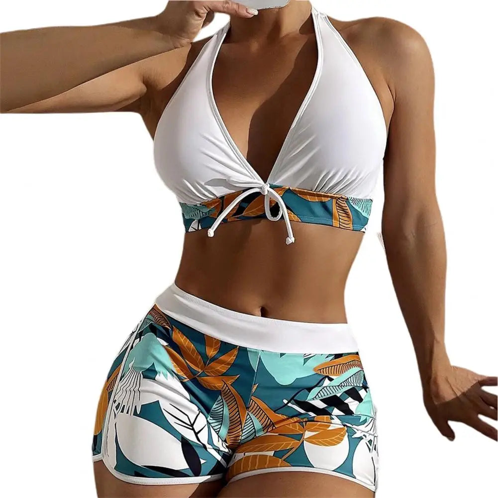 2 Pcs/Set Women Bra Shorts Set Backless Leaf Print Deep V Neck Drawstring Bathing Suit High Waist Padded Lady Swimwear