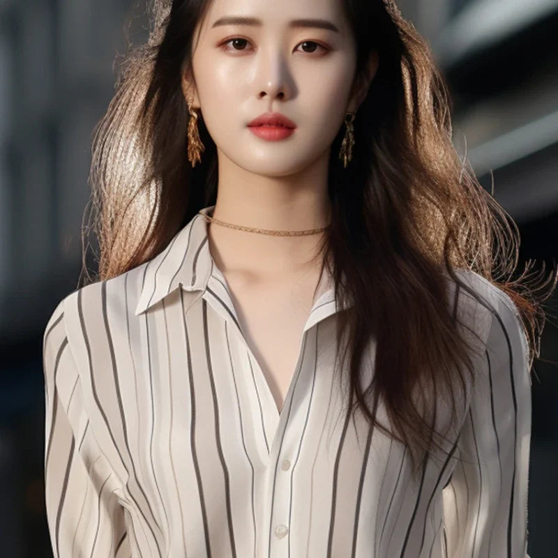 Stripe Women Shirt Vintage Blouse 2024 Fashion Spring Autumn Womens Tops Casual Female Clothing Loose Elegant Shirts for Women