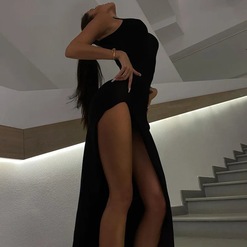Europe and the United States cross-border fashion round neck sleeveless slim slit sexy MIDI skirt