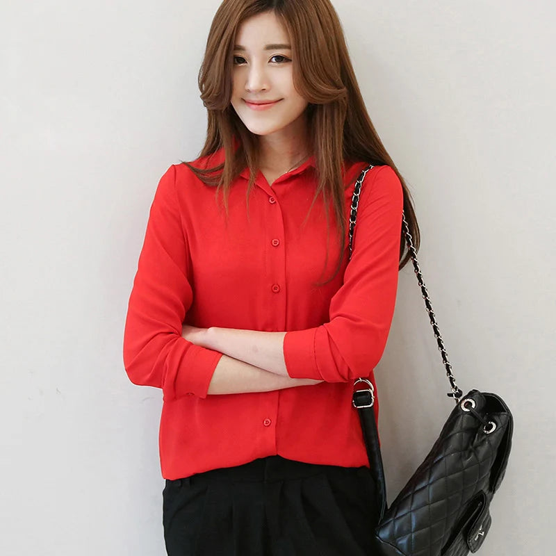 Simple Solid Colors Women Chiffon Shirts 2023 New Long Sleeve Ladies Casual Chiffon Blouse Tops Fashion Women Shirt Clothing