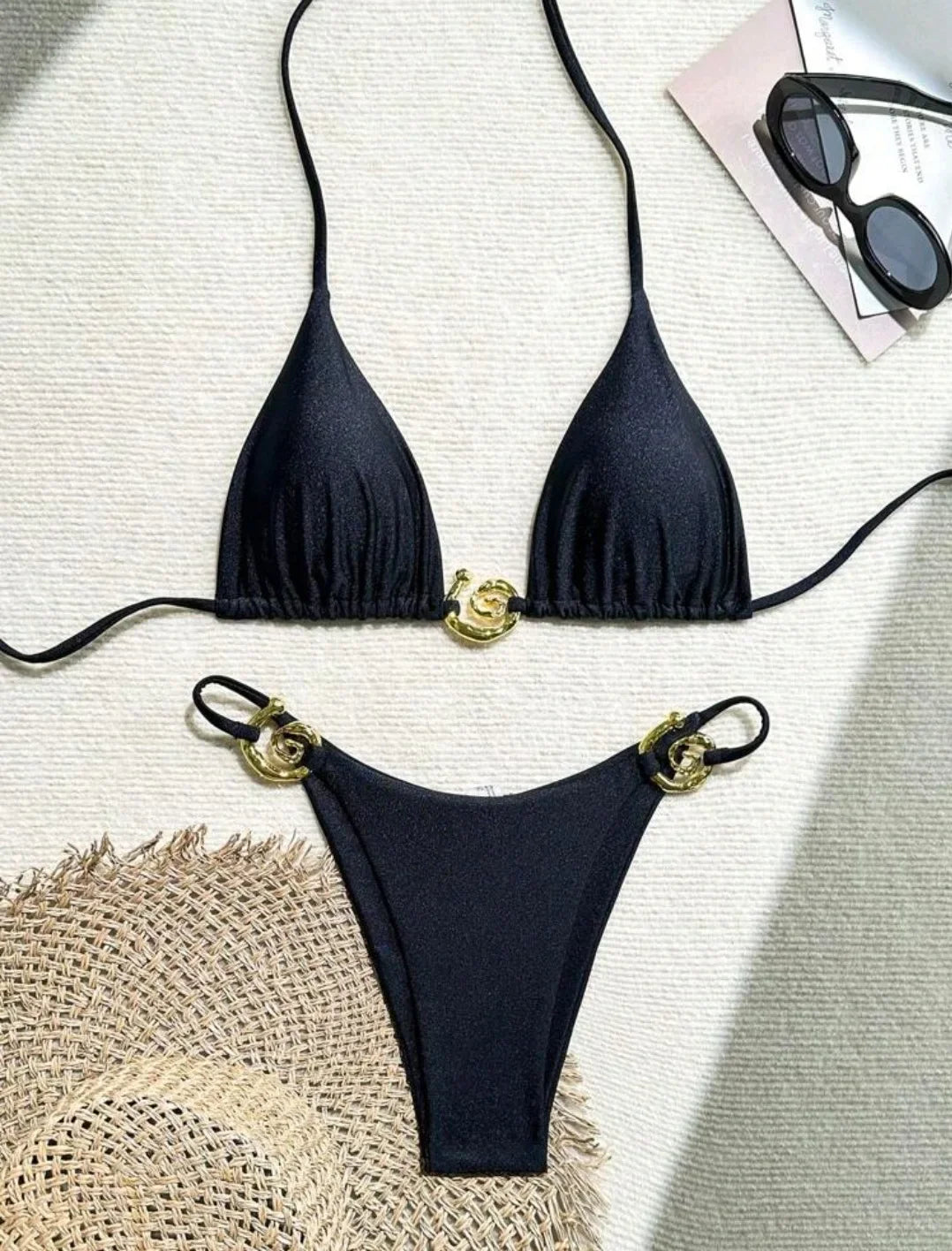 Metal Micro Bikini Swimwear Women Sexy Lace Up Triangle Halter High Cut Thong Bikini Set 2025 New Beach Bathing Suit 2 Piece Set