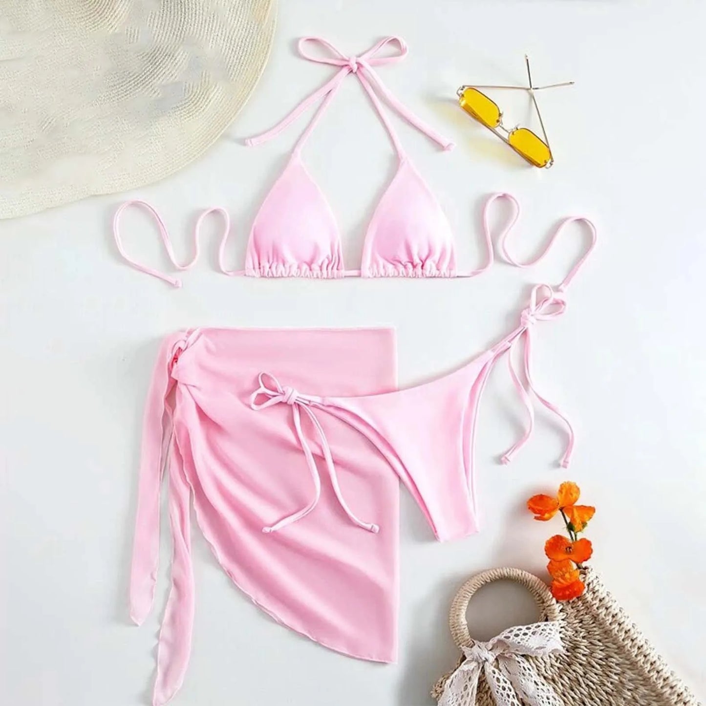 Women'S Solid Halter Backless Bikinis Set Sexy Triangle Cup Lace Up Bikini Top With Bottoms Swimsuit Cover Up 3 Piece Swimsuit