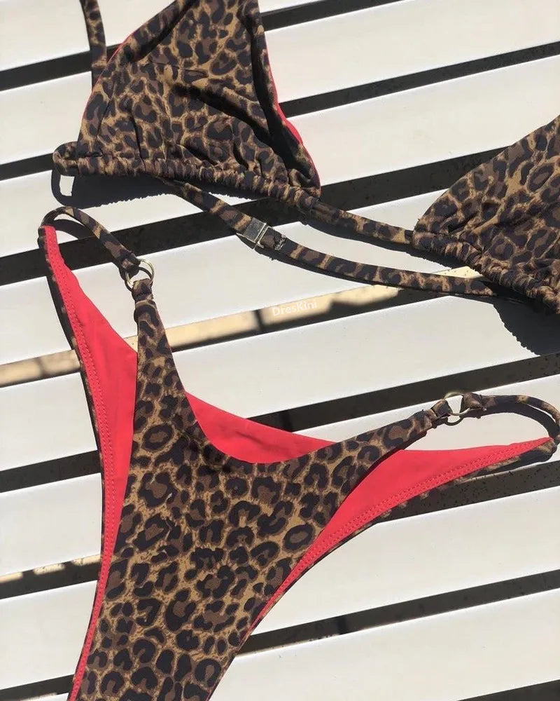 Sexy Leopard Bikini Suit Women Strap Push Up Swimsuit Three Points Bikini Set Low Waist Swimwear Women Summer Backless Beachwear