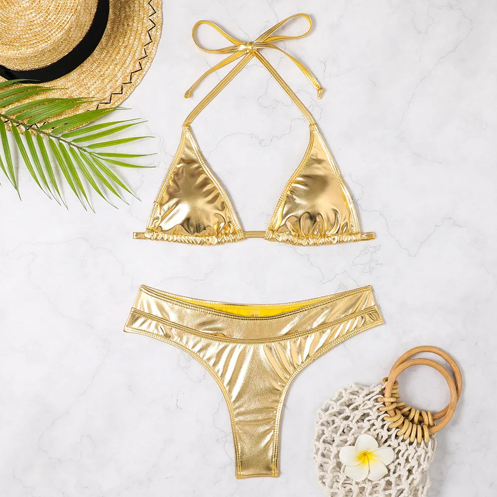 Sexy Triangle Push Up Bikini Metallic Brazilian Swimwear Women Golden Silver Side String Bikini Bathing Suit Beach Wear Biquini