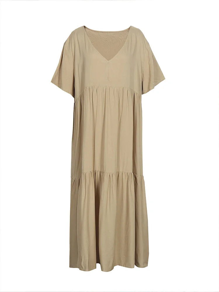 Plus Size Dress Women 2025 Summer V-Neck Short Sleeve Pleated Solid Color Casual Midi Dress Hem Loose Dress XL-5XL