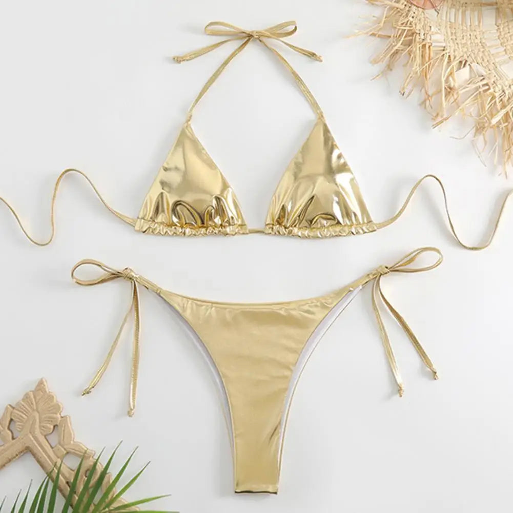 Solid Color Halter Neck Strap Thong Women Swimsuit Two Pieces Bikini Set Bronzing Surface Lace-up Briefs Beach Swimwear Swimsuit