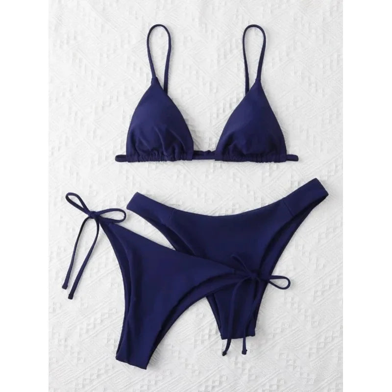 OIINAA Swimwear Women Sexy Solid Swimsuit Drawstring Bow Tie Bikini Set Three-pieces Beachwear Summer Thong Bather Bathing Suit