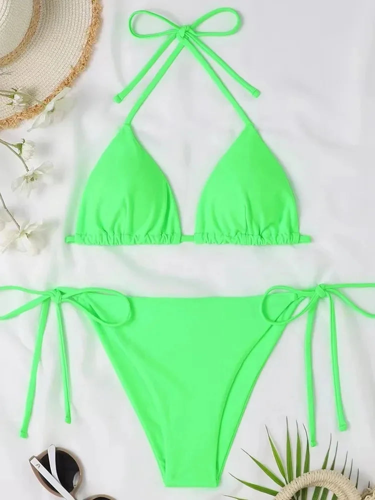 Sensual Pure Color Bikini Set Women's Two-Piece Swimsuit with Waist Belts Backless Slimming Cross-Border Swimwear