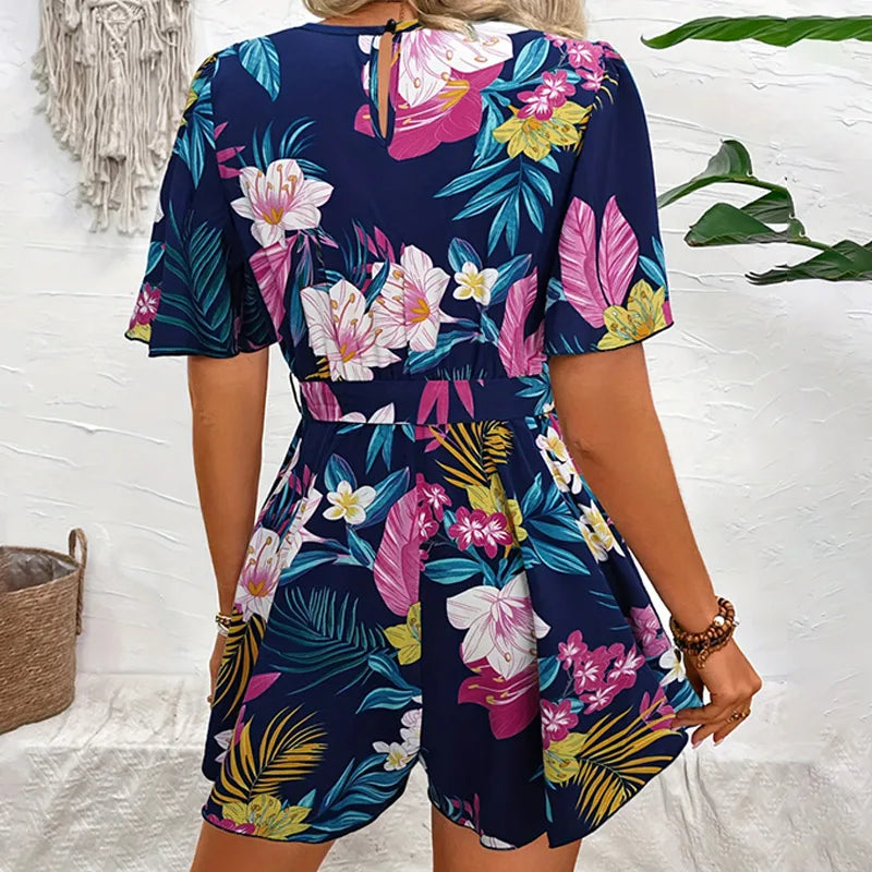Bohemian Floral Print Short Jumpsuits For Women Summer Short Sleeve Wide Legs One Pieces Elegant 2024 Beach Wear Casual Outfit